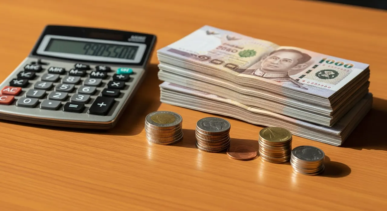 A calculator and a neat stack of Thai baht banknotes and coins on a clean wooden desk, illustrating the costs of the Destination Thailand Visa
