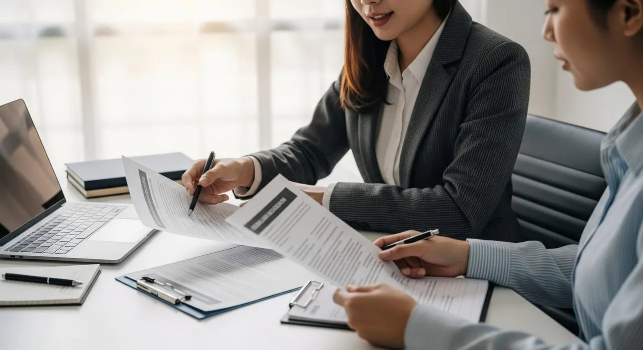 A visa consultant reviewing application documents with a client to keep DTV costs down