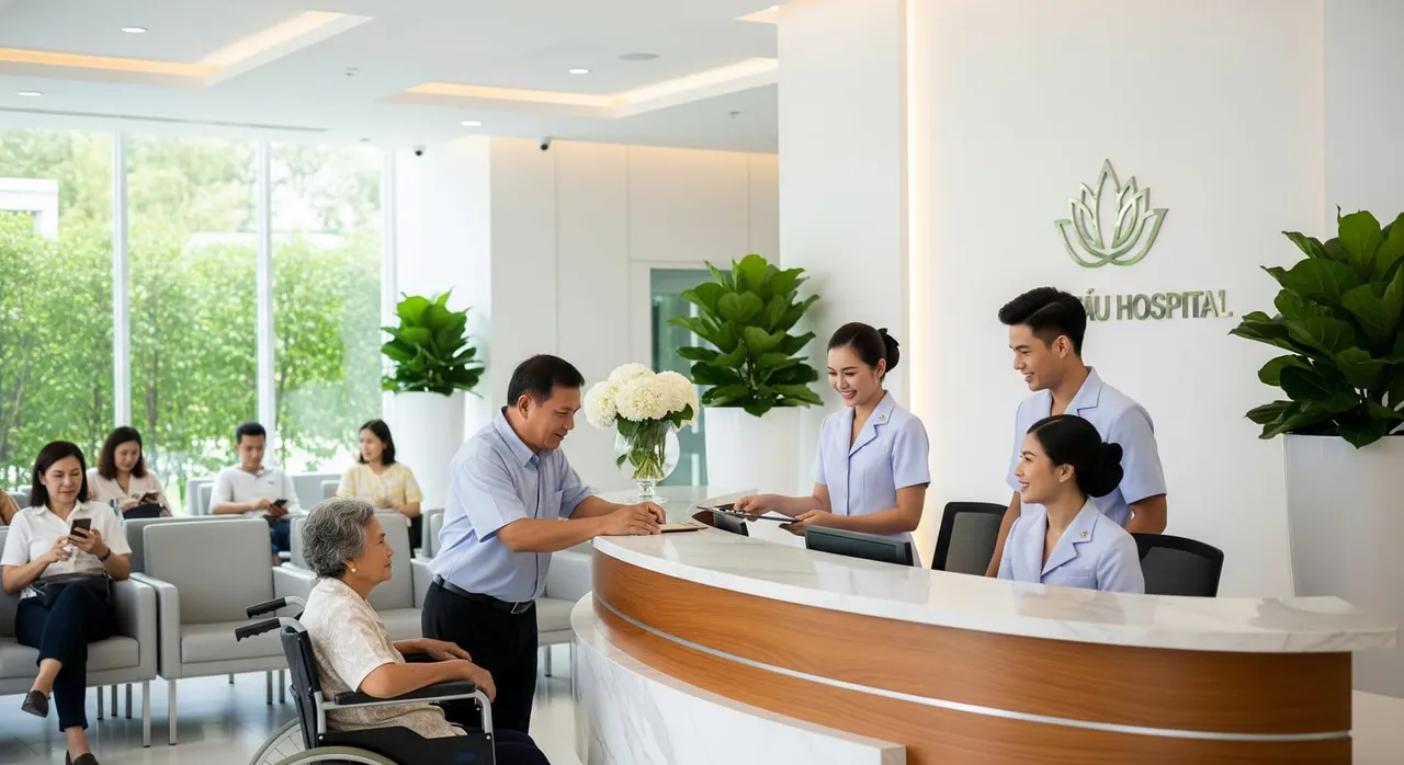 A modern Thai hospital reception with patients being welcomed by attentive medical staff.