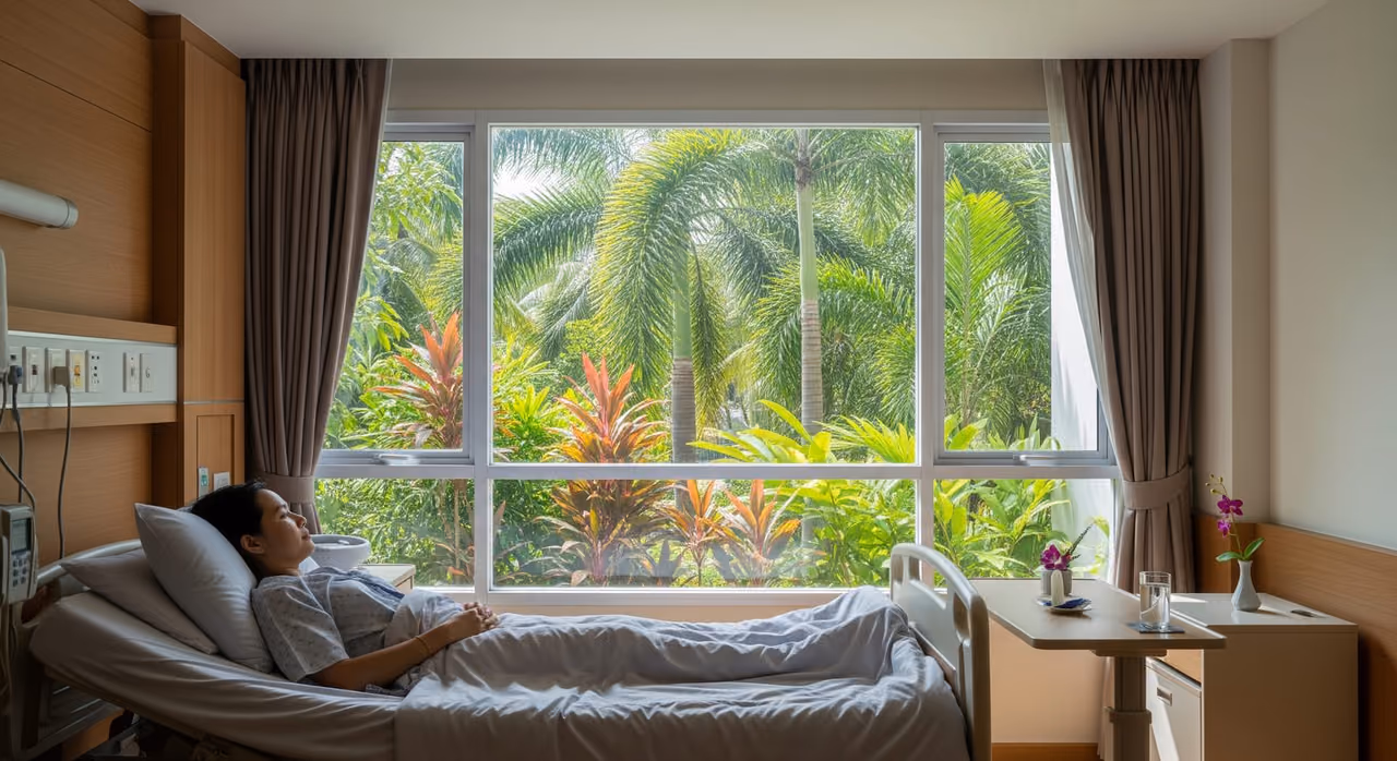A patient recovering in a comfortable, light-filled Thai hospital room overlooking greenery.
