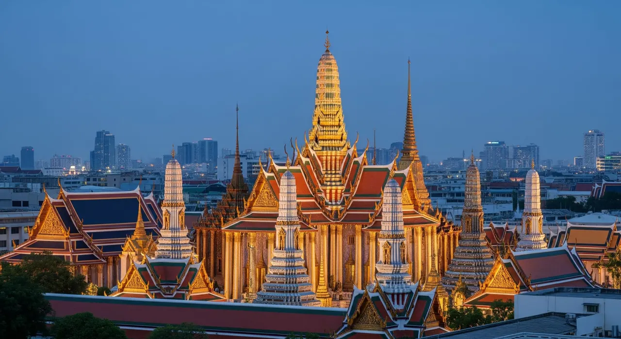 The illuminated spires of the Grand Palace and Wat Phra Kaew glowing against the Bangkok skyline at dusk