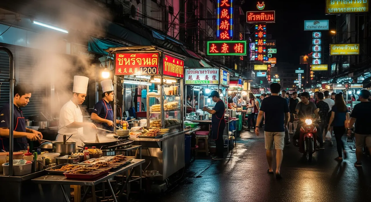 Steaming street food stalls lining the neon-lit Yaowarat Road in Bangkok's Chinatown at night