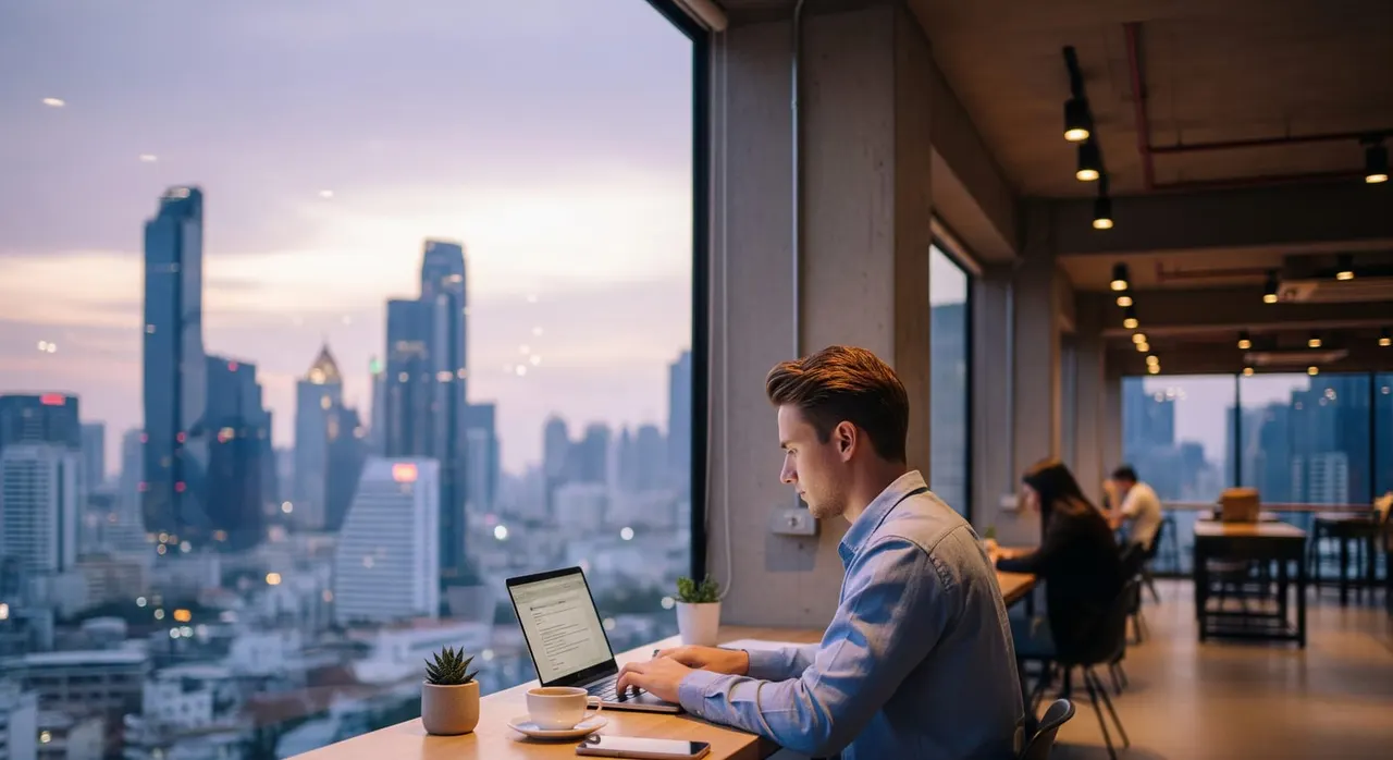 A remote worker using a laptop in a modern Bangkok co-working space with the city skyline visible through the window