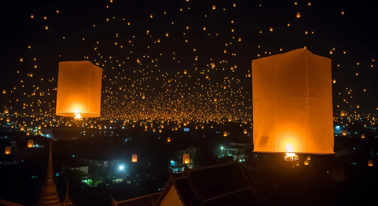 Thousands of glowing lanterns rising into the night sky during the Yi Peng festival in Chiang Mai