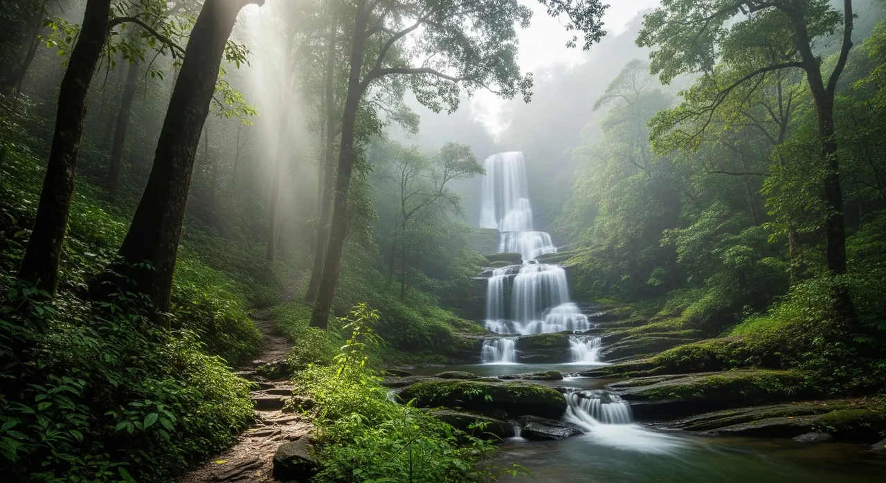 Misty mountain trails and a tiered waterfall in the forested hills of Doi Inthanon National Park near Chiang Mai