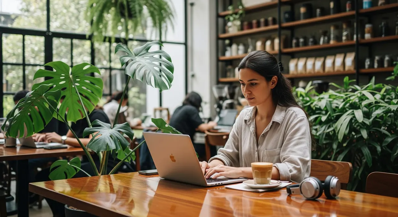 A digital nomad working on a laptop in a leafy specialty coffee cafe in the Nimmanhaemin area of Chiang Mai