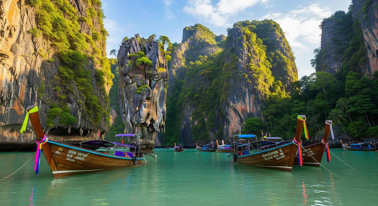 Longtail boats moored beneath the towering limestone cliffs of Railay Beach in Krabi