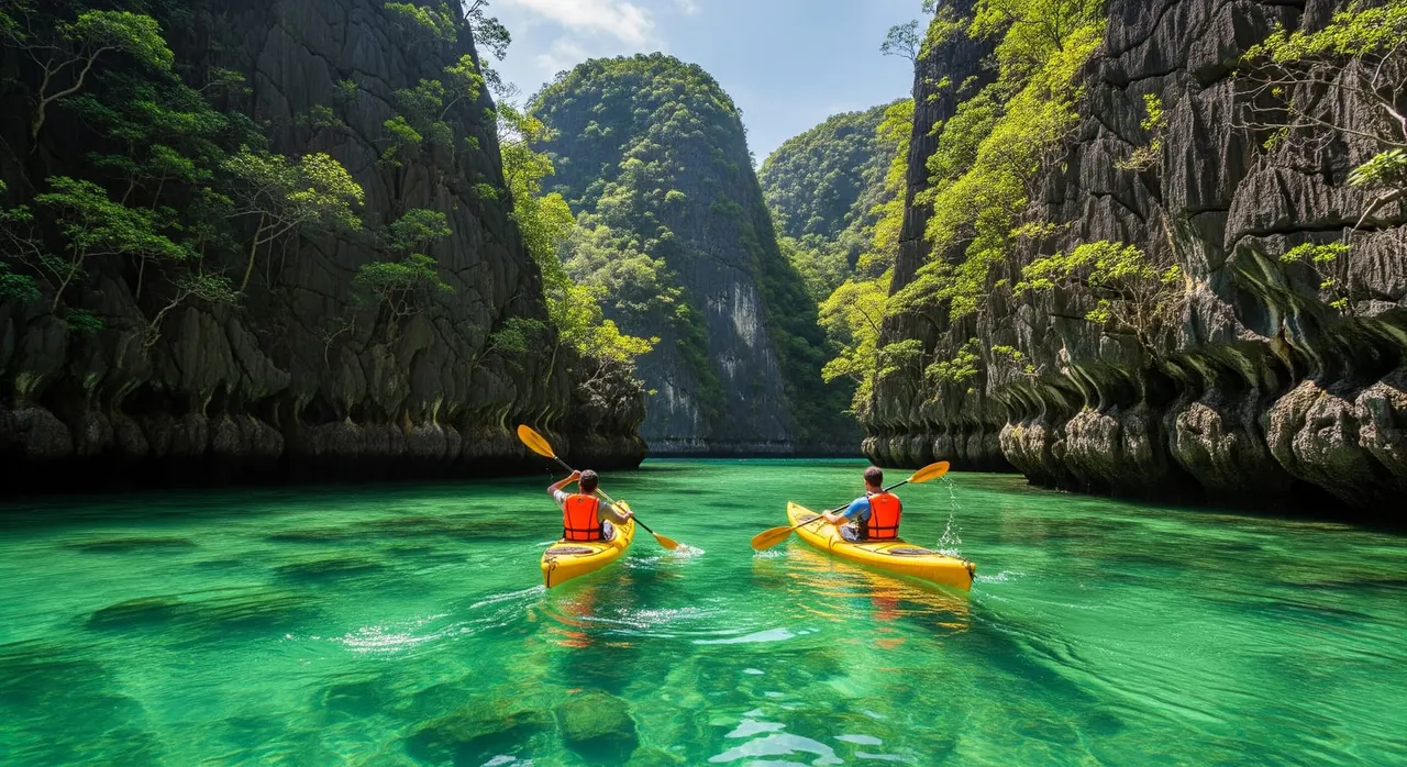 Kayakers paddling into an emerald lagoon ringed by limestone cliffs in the Hong Islands