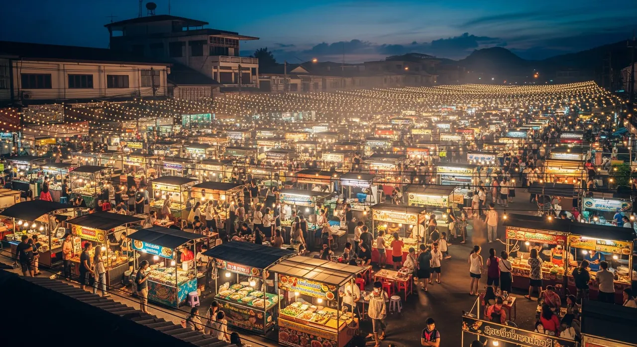 Bustling Krabi Town night market glowing with food stalls and string lights after sunset