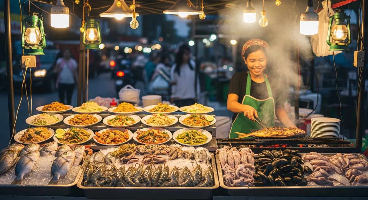 A vibrant Pattaya street-food stall serving freshly grilled seafood and classic Thai dishes at dusk