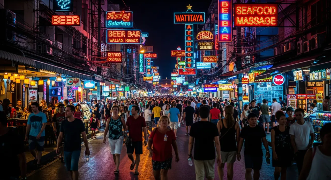 Pattaya Walking Street glowing with neon lights and lively crowds after dark