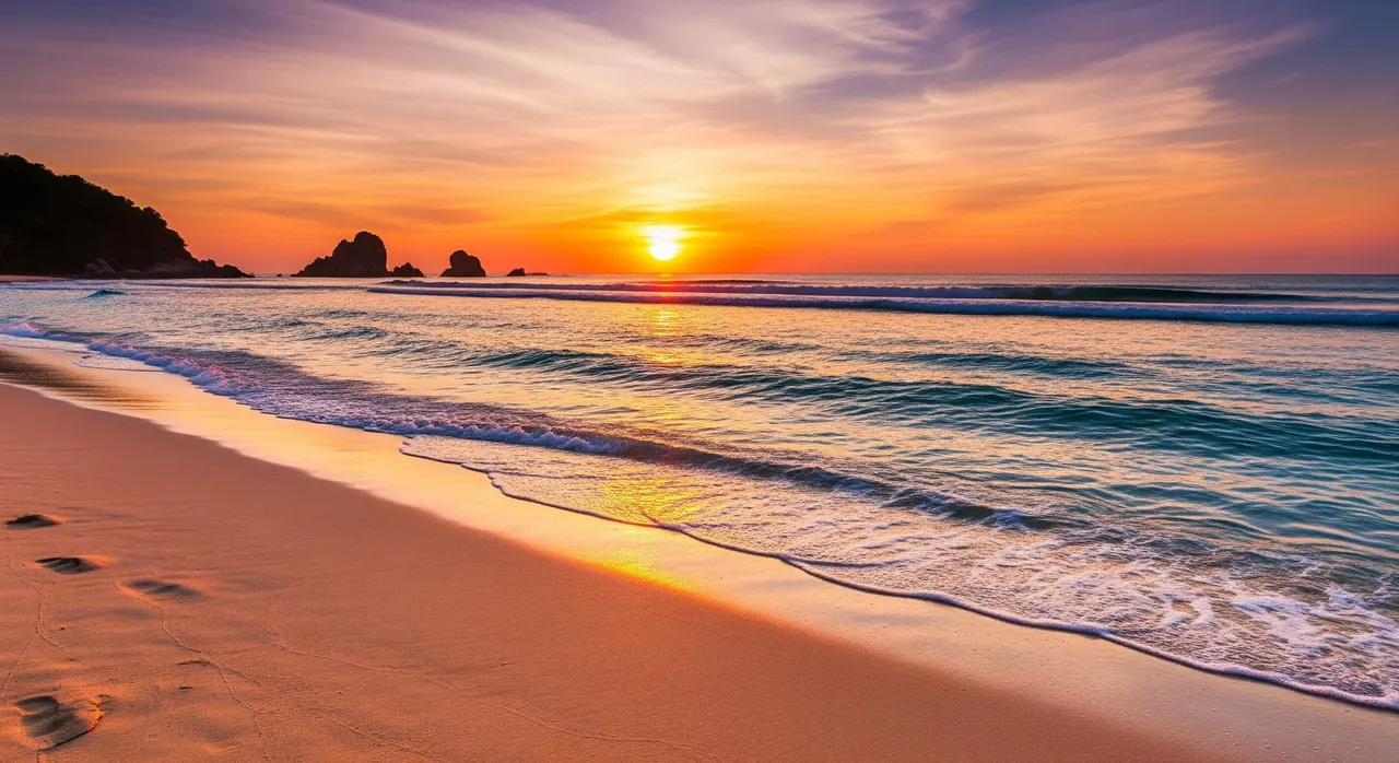 Golden sand and turquoise water at a west-coast Phuket beach at sunset