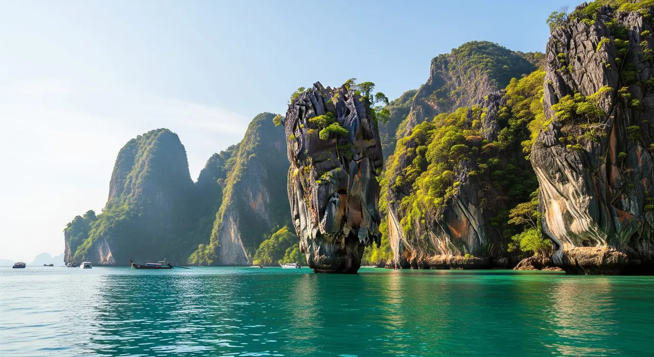 Dramatic limestone karsts rising from turquoise water near the Phi Phi Islands