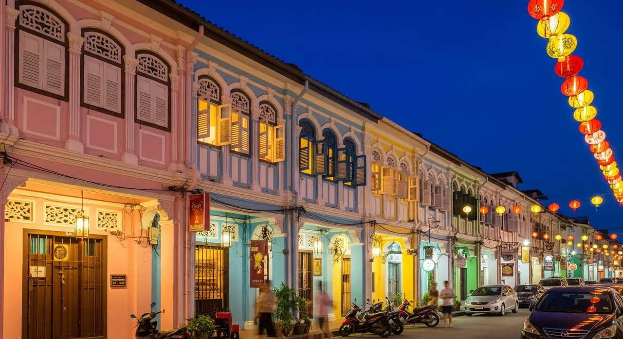Colorful Sino-Portuguese shophouses lit up along a street in Old Phuket Town at night