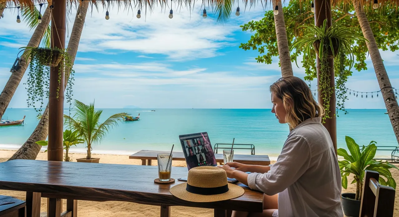 A digital nomad working remotely from a beachside cafe in Thailand on a DTV visa.
