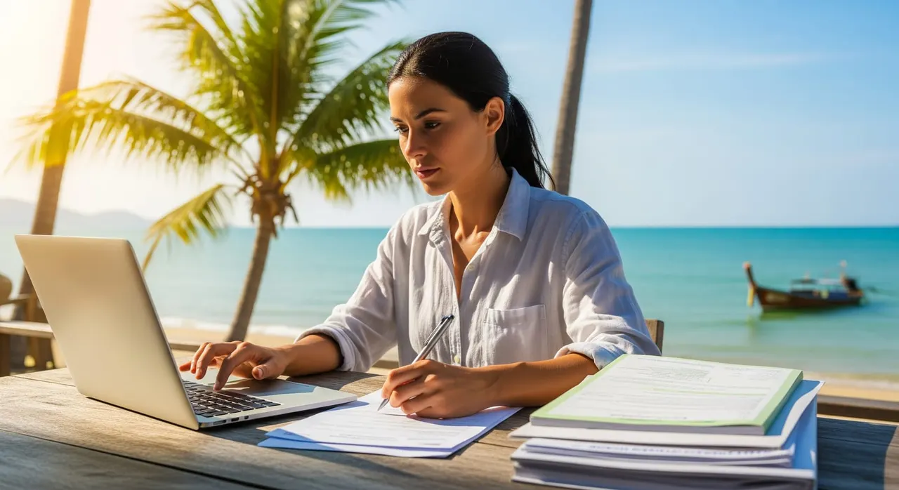 A digital nomad working on a laptop in Thailand while reviewing tax and visa paperwork