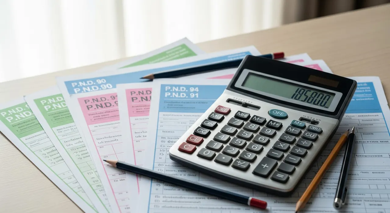 Thai Revenue Department tax forms and a calculator representing DTV holder income tax filing
