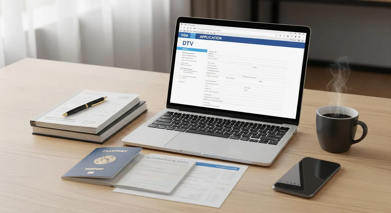 An organised desk with passport, documents and a laptop prepared for a DTV visa application.