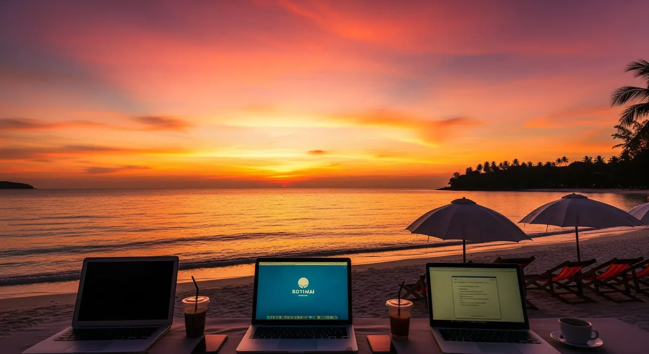 A sunset view over Chaweng beach in Thailand, a popular base for DTV remote workers.