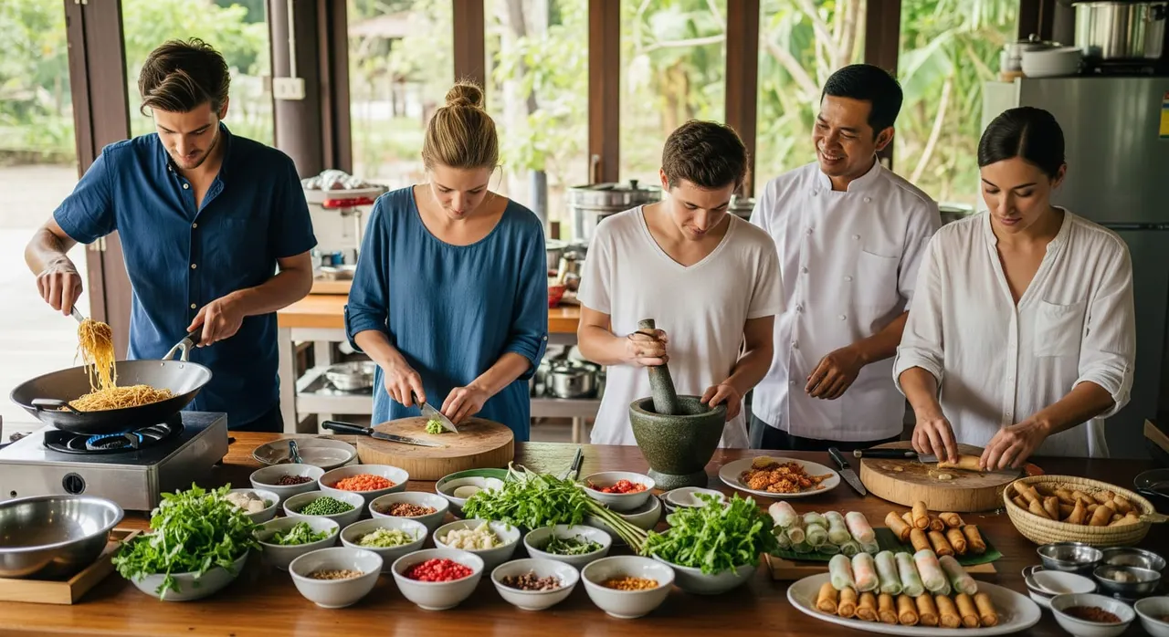 Students learning to prepare authentic Thai dishes during a hands-on cooking class in Thailand.