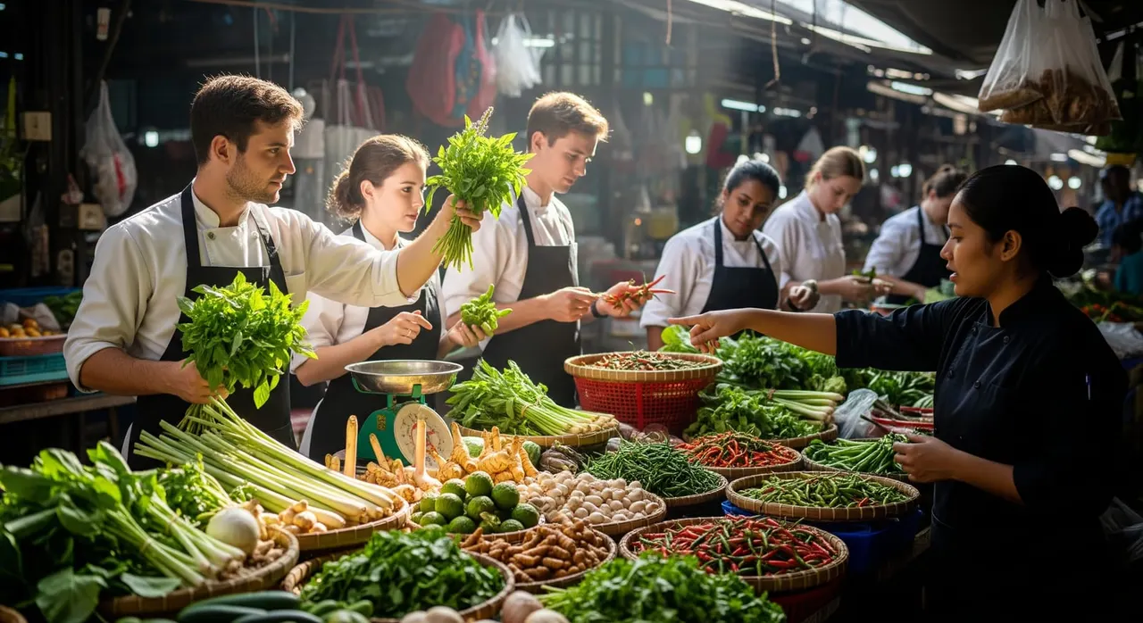A vibrant Thai market tour where cooking students select fresh herbs, vegetables and spices.
