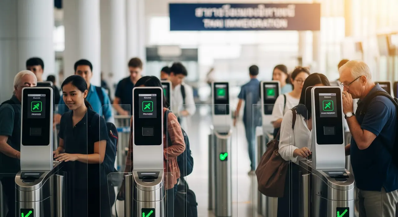 Travelers passing through automated immigration gates at a Thai international airport