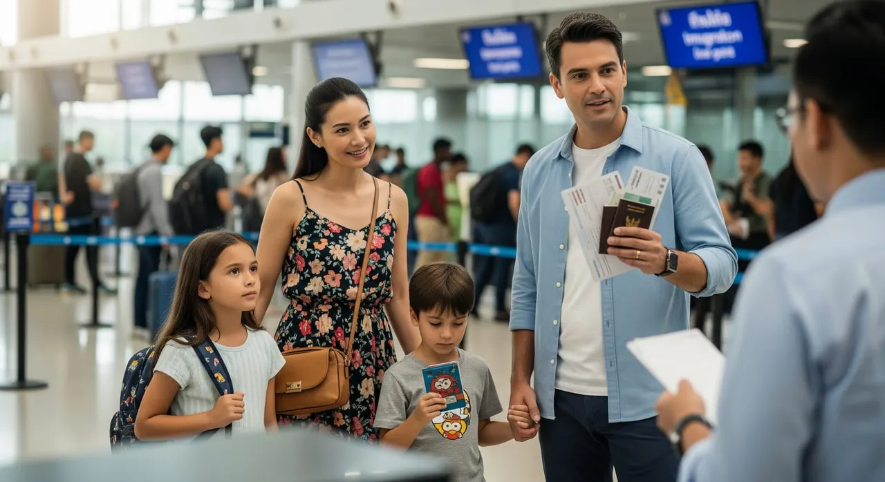 A family arriving at a Thai airport, passports and visa documents in hand.