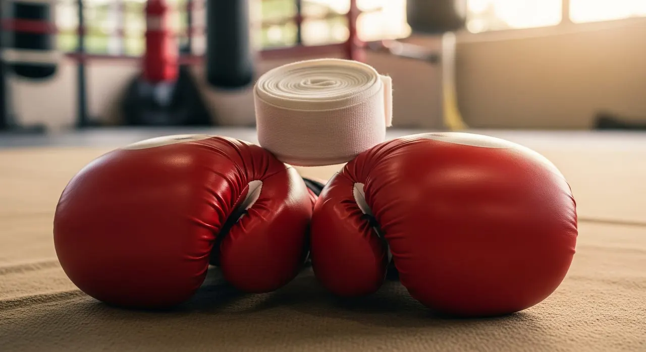 Close-up of Muay Thai gloves and hand wraps ready for a training session at a certified gym in Thailand.