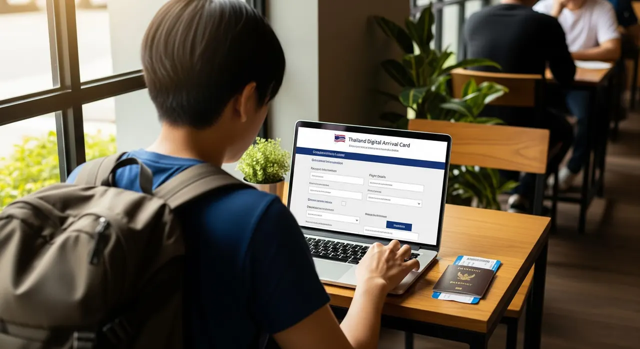 A traveler completing the Thailand Digital Arrival Card online before flying to Thailand.