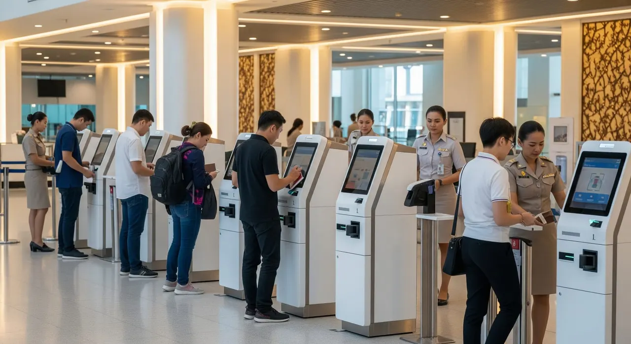 Modern immigration checkpoint at a Thai airport with faster digital processing for arrivals.