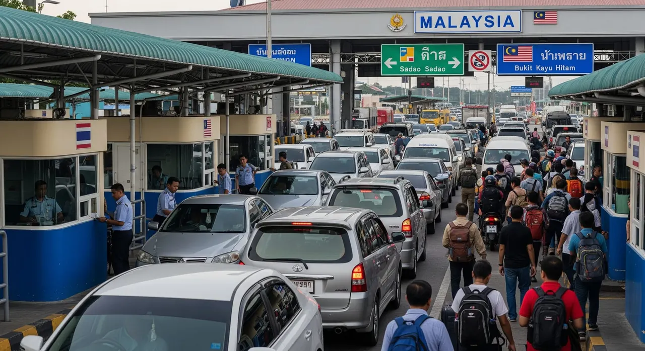 A busy land border crossing point between Thailand and a neighboring country used for border runs.
