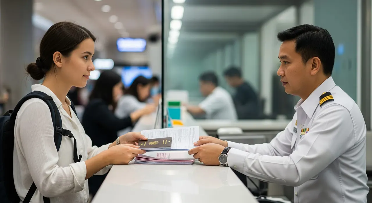 A traveler presenting passport and supporting documents to a Thai immigration officer on re-entry.