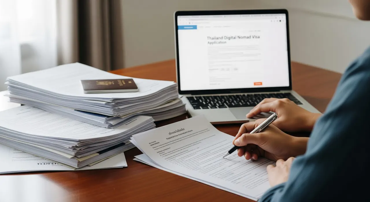 A remote worker organizing visa documents and a laptop while preparing a Thailand DTV application