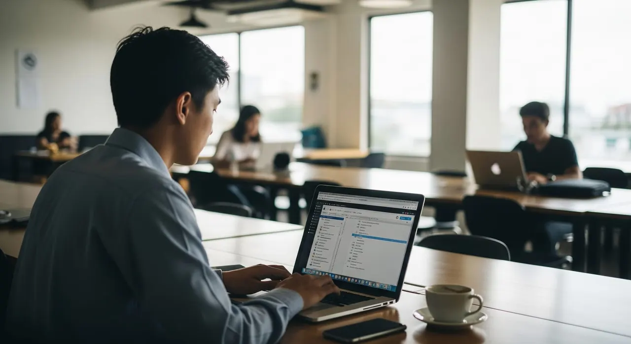 A digital nomad working on a laptop at a co-working space in Thailand, illustrating remote work eligibility for the DTV.