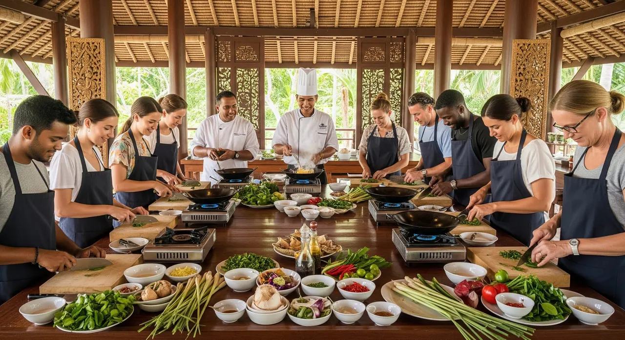 Students learning to prepare authentic Thai dishes in a traditional cooking class, a qualifying cultural activity for the DTV.
