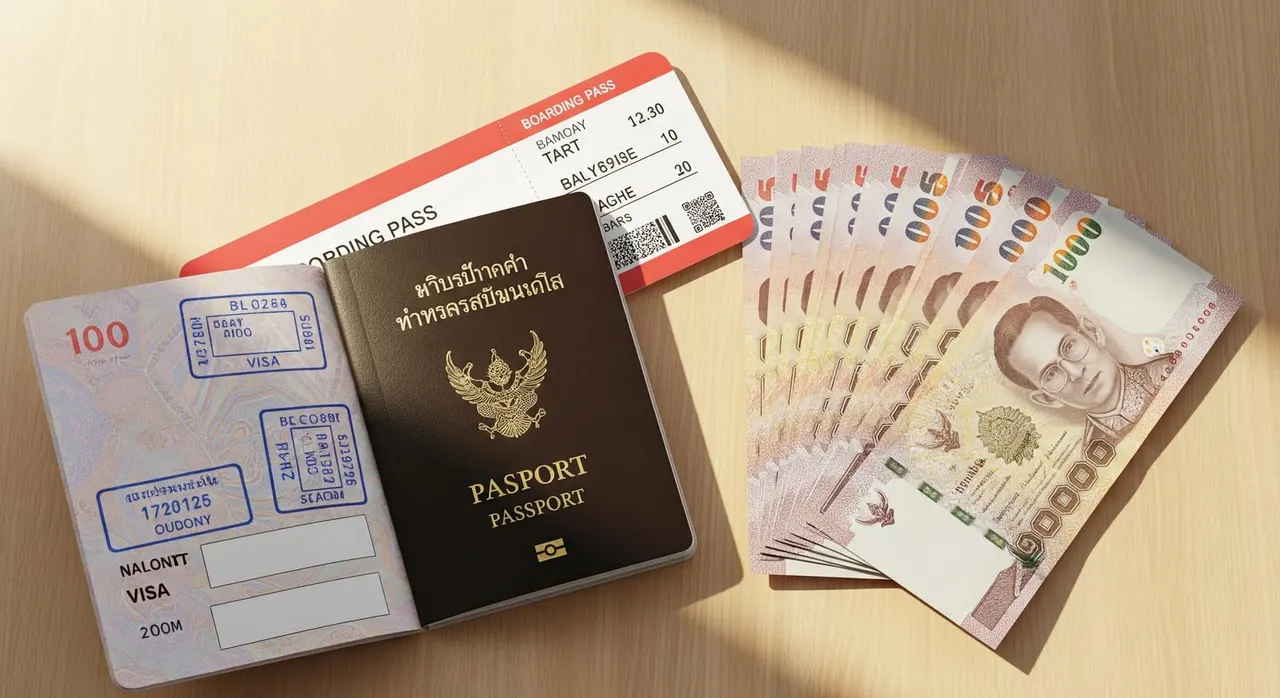 A traveller's open passport beside a neat stack of Thai baht banknotes and a boarding pass on a clean table, top-down view in warm natural light.