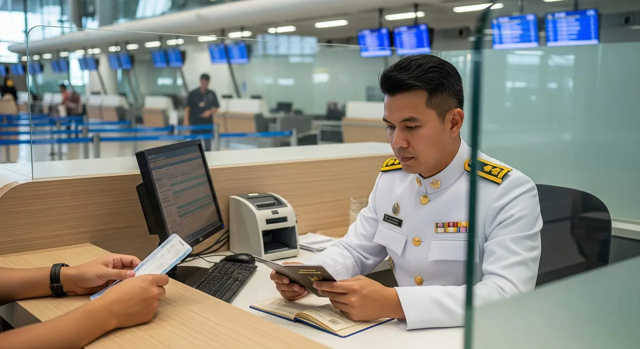 An immigration officer at a Thai airport passport-control booth reviewing a traveller's documents across the counter, modern terminal interior in the background.