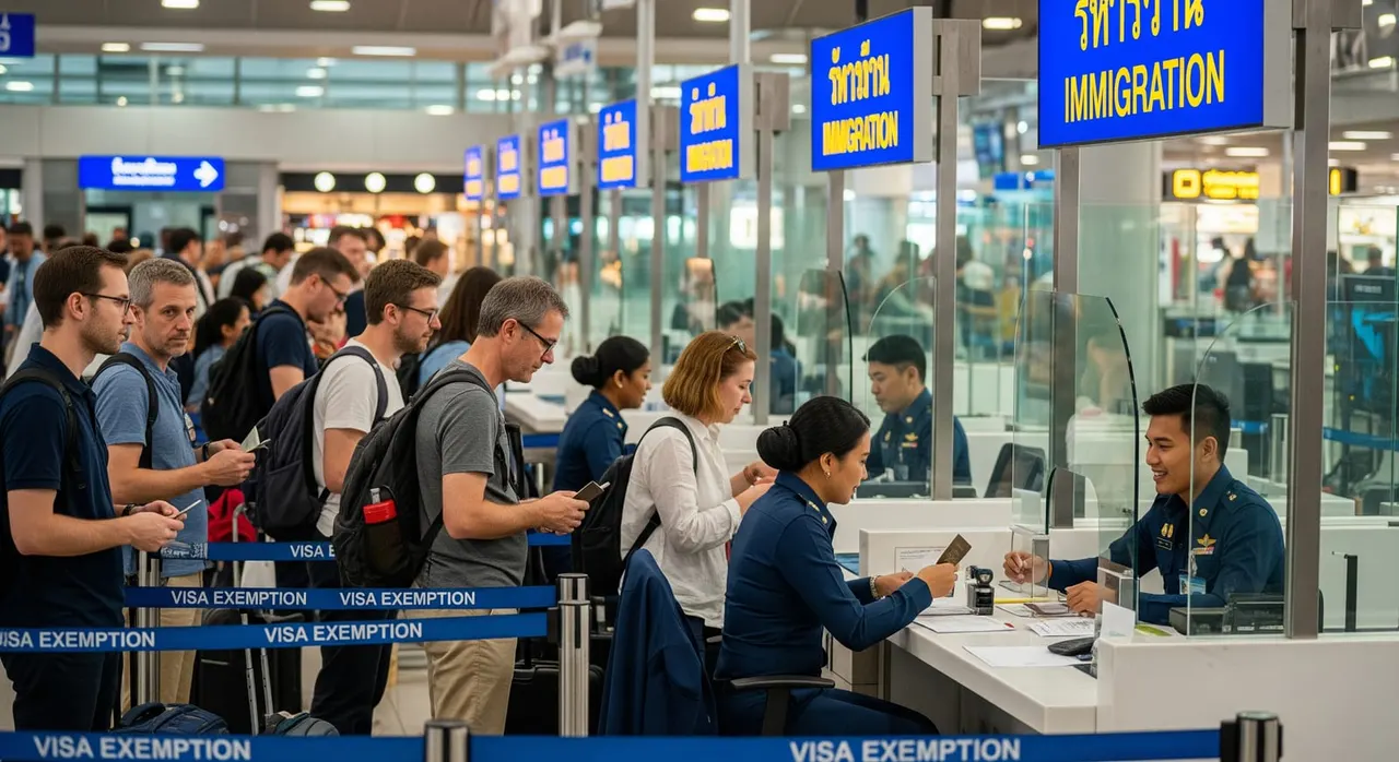 Foreign tourists arriving at a Thai airport immigration checkpoint under the visa exemption scheme.