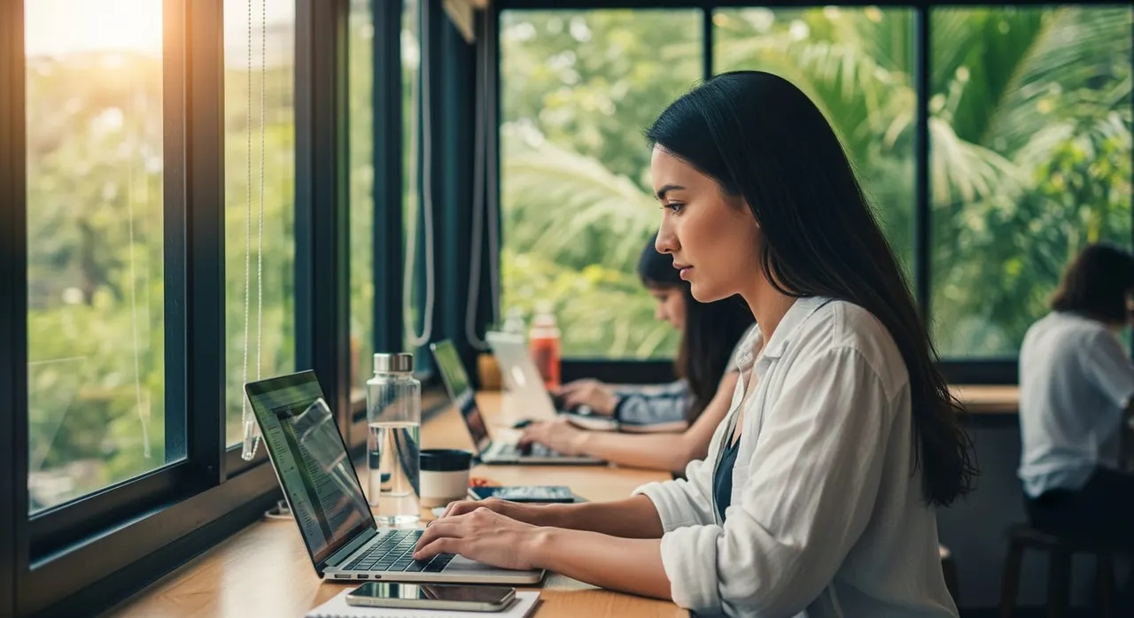 A digital nomad working remotely from a co-working space in Thailand.