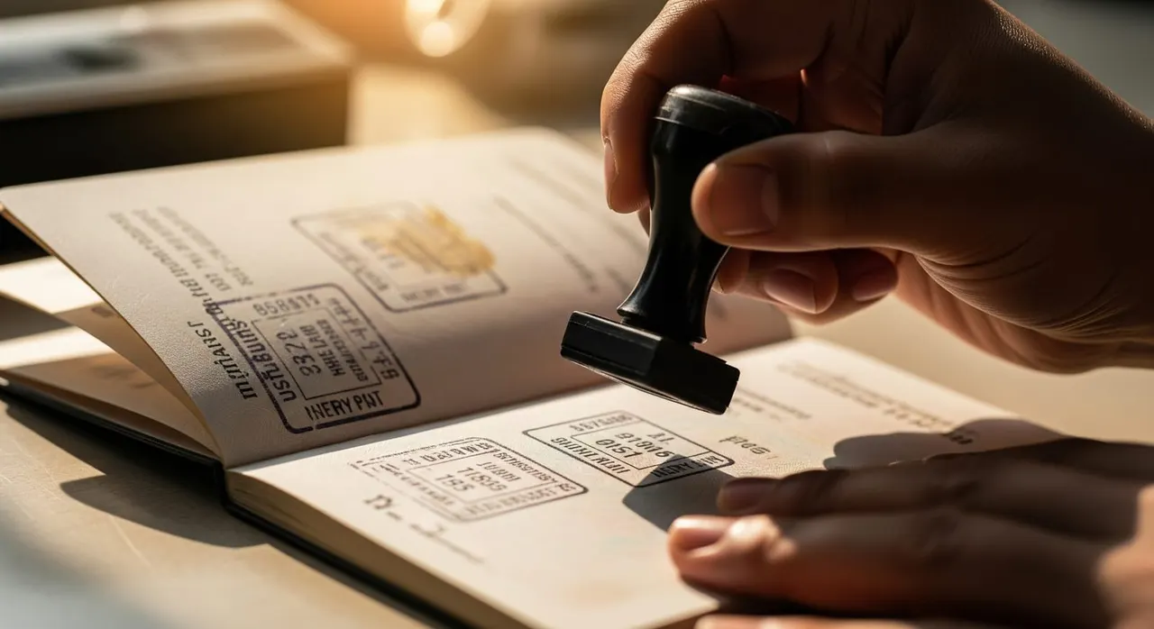 Close-up of a passport open at an immigration desk with a Thai entry stamp being applied by an officer's hand under warm light