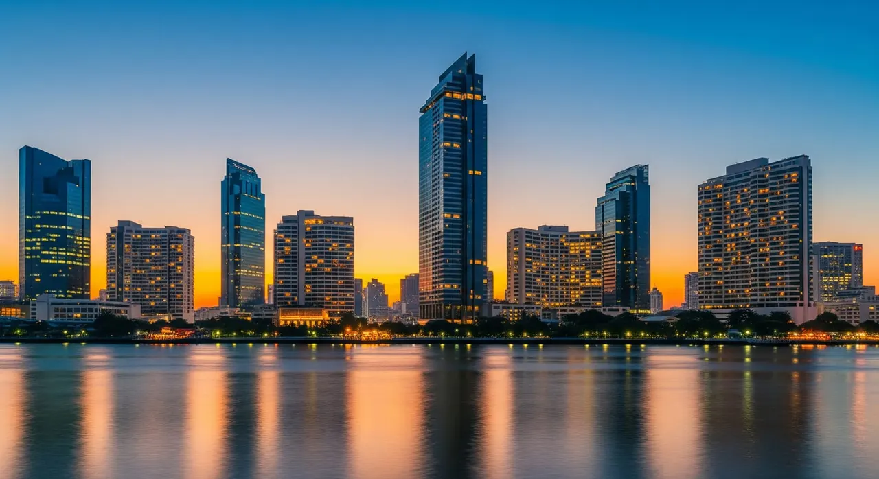 Modern Bangkok skyline at dusk with illuminated skyscrapers and the Chao Phraya river reflecting city lights