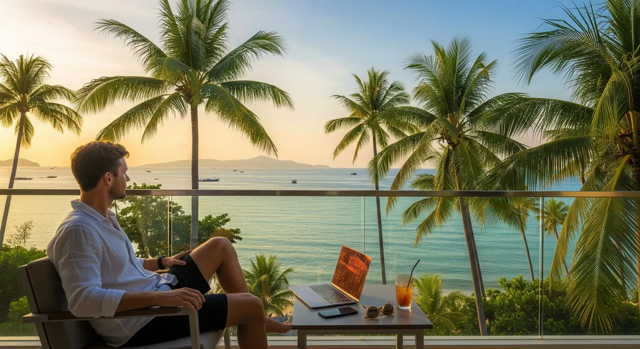 A relaxed remote worker with a laptop on a balcony overlooking palm trees and a tropical Thai coastline at golden hour