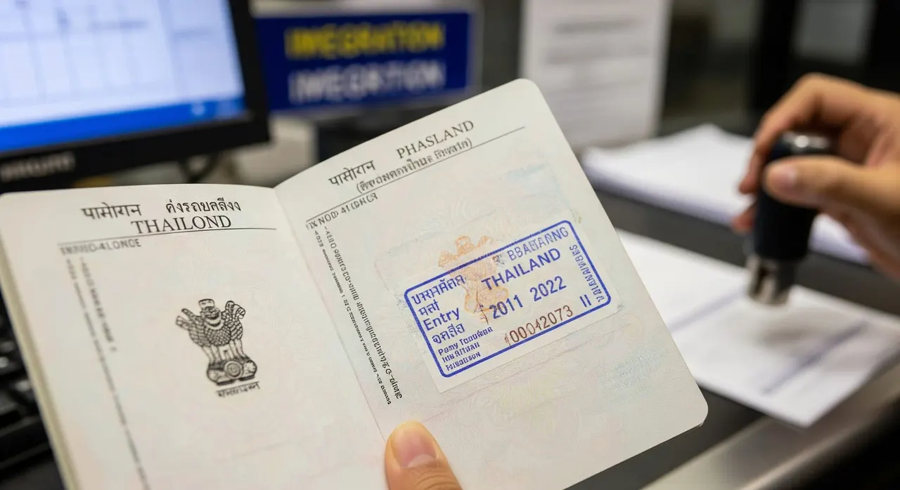 Close-up of an Indian passport held open at a Thai immigration counter with an entry stamp page visible, soft depth of field, no text on signage