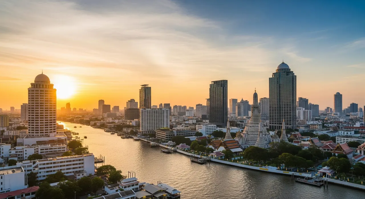 Bangkok skyline at golden hour with the Chao Phraya river and temple spires, modern high-rises catching warm sunset light, no text or logos