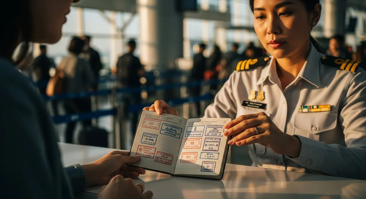 A Thai immigration officer reviewing a foreign traveller's passport at a busy airport arrivals desk in Bangkok, with passport stamp pages visible under desk lighting.