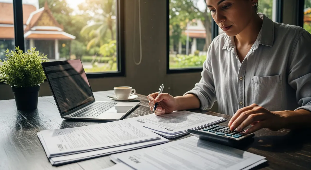 A remote worker reviewing tax documents and a calculator while planning finances in Thailand