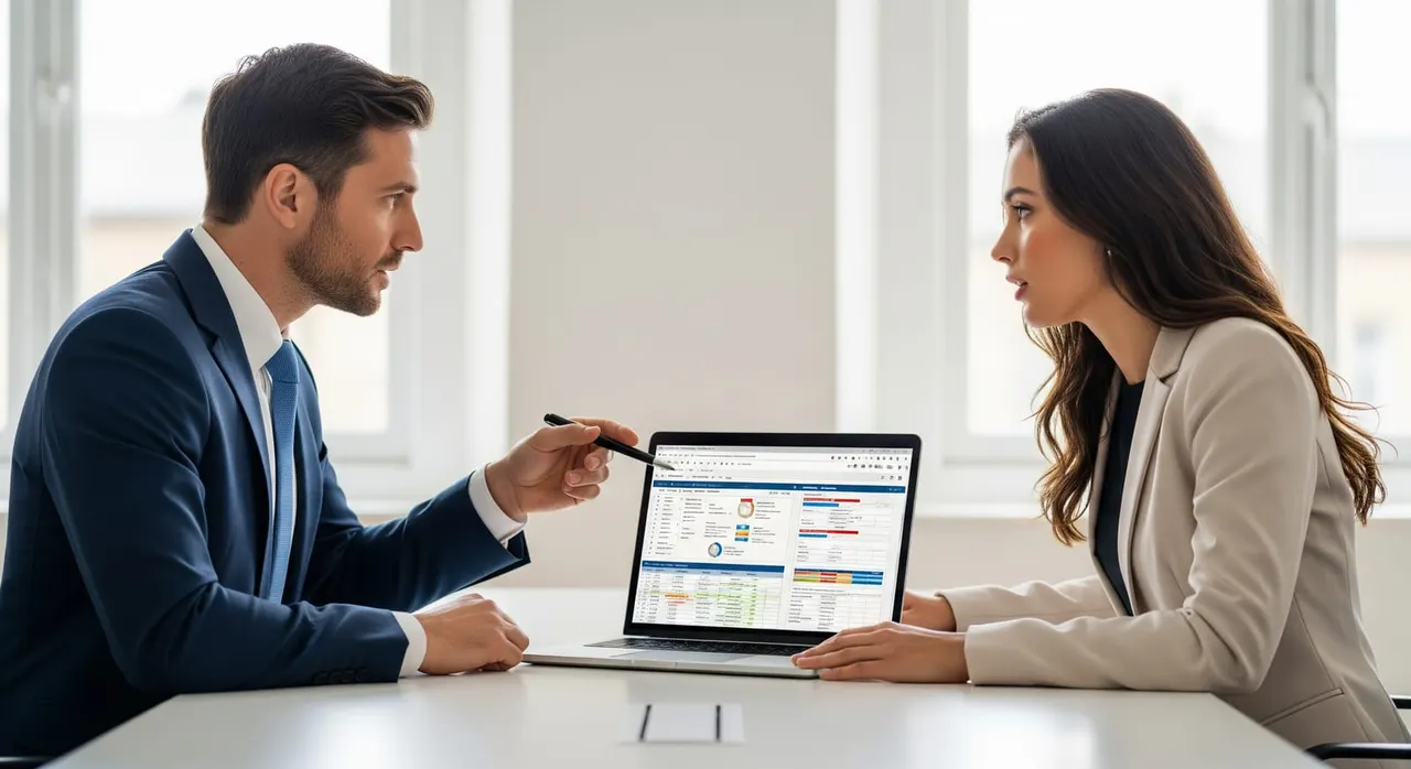 A consultant and a DTV holder discussing cross-border tax planning over a laptop