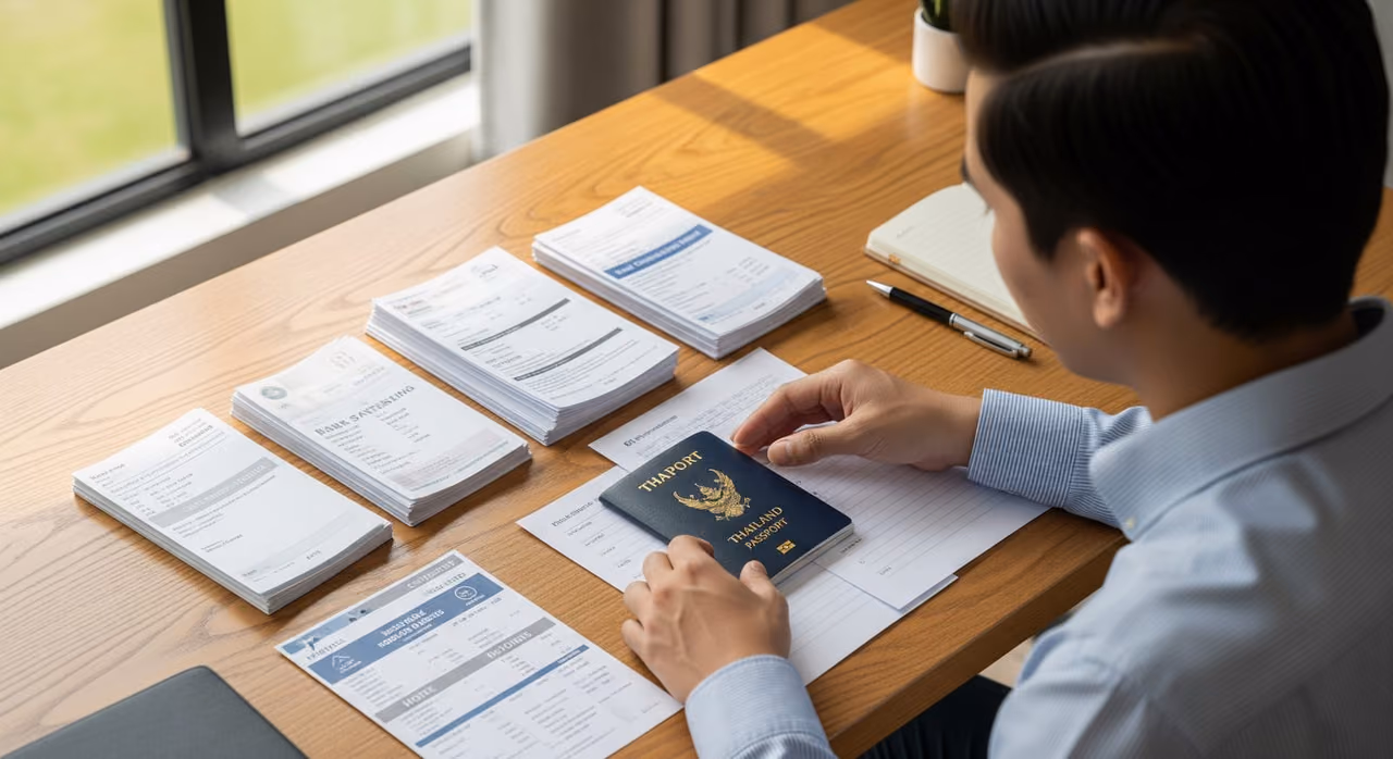 An applicant organizing passport, bank statements, and supporting documents for a Thailand DTV application.