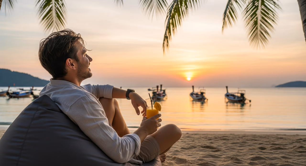A relaxed traveler enjoying life in Thailand after a successful DTV application.