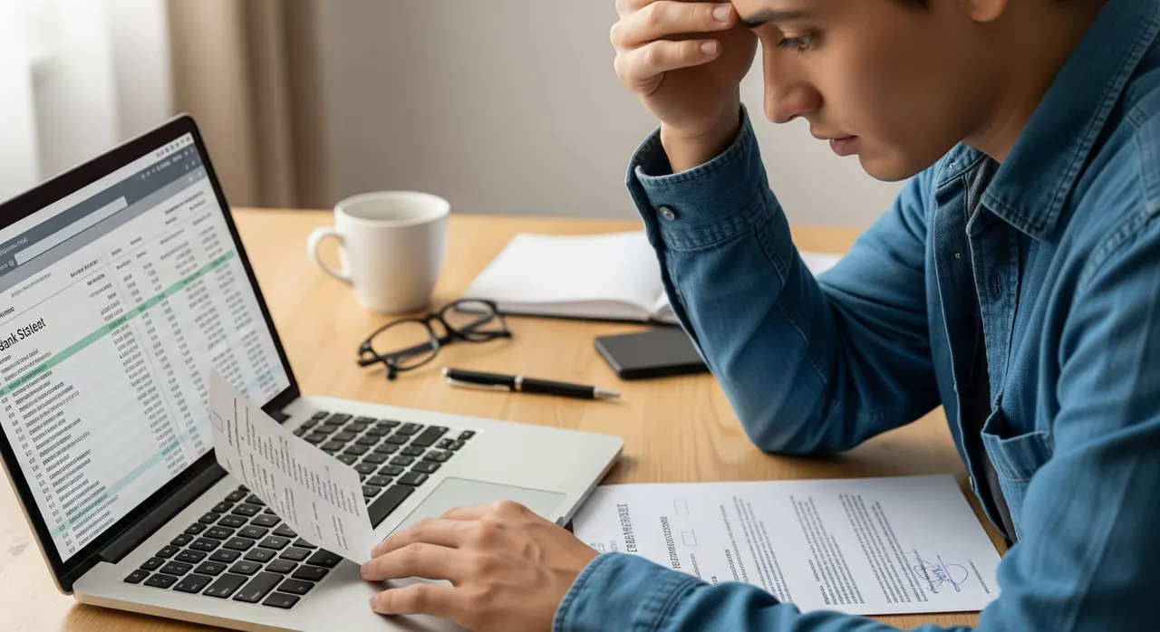 An anxious applicant reviewing a bank statement on a laptop with an embassy correspondence visible, illustrating a request for further documents.